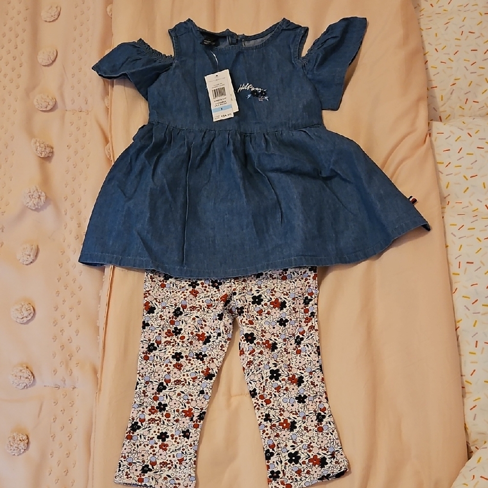 Blue Denim Top with Floral Leggings Size 5